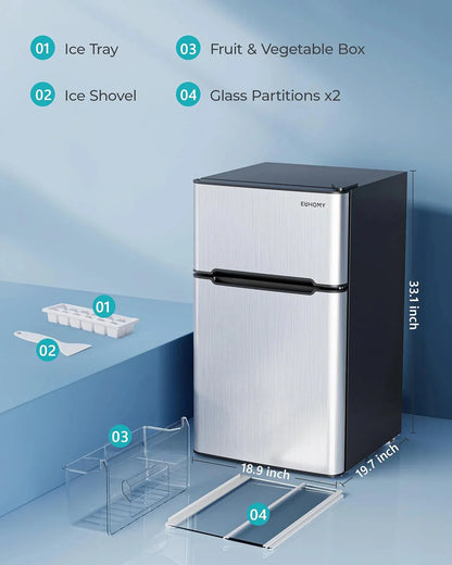 EUHOMY 3.2 Cu.Ft Mini Fridge with Freezer 2-Door Compact Refrigerator for Bedroom, Dorm, Office or Apartment, Silver