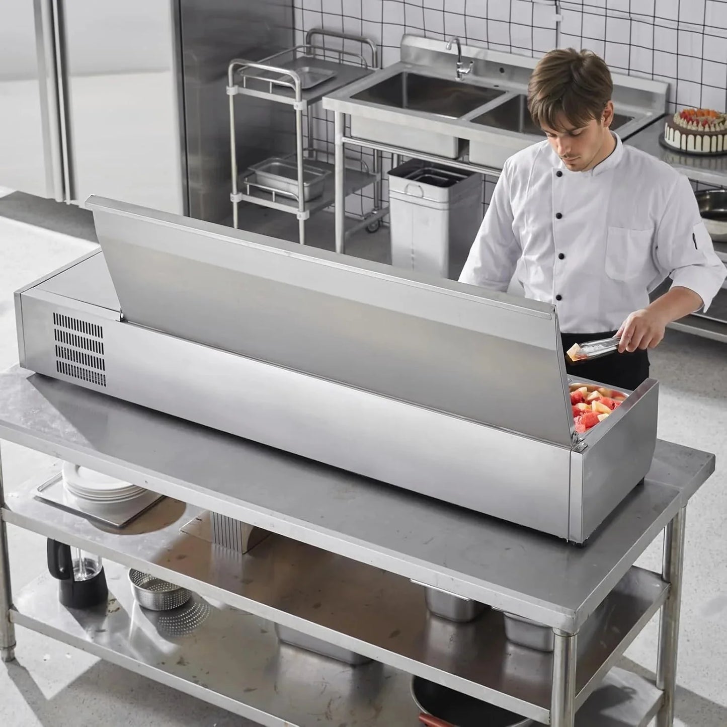 Refrigerated Condiment Prep Station, 135 W Countertop Refrigerated Condiment Station, with 2 1/3 Pans & 4 1/6 Pans, 304 Stainless Body and PC Lid, Sandwich Prep Table with Stainless Guard, ETL