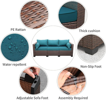 WAROOM Patio Couch PE Wicker 3-Seat Outdoor Brown Rattan Sofa Deep Seating Furniture with Non-Slip Beige Cushion