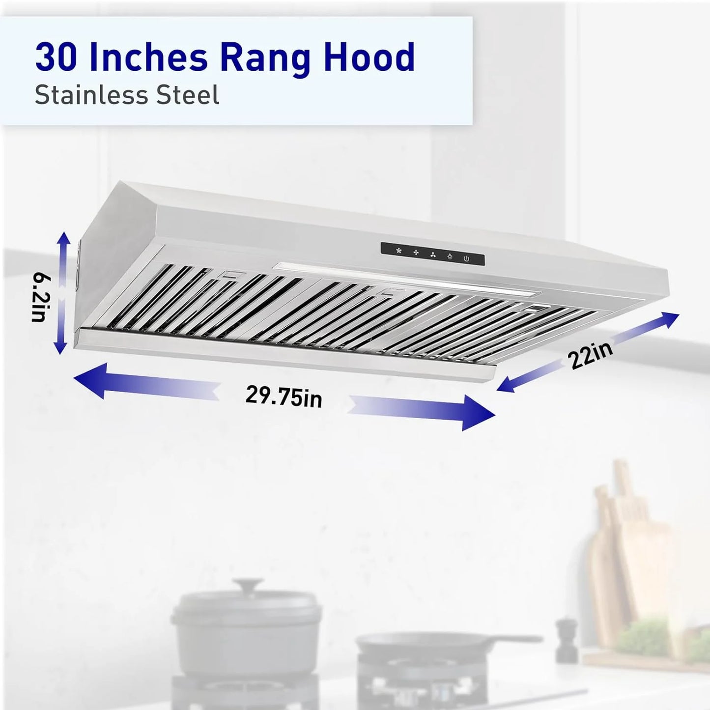 Powerful 30 Inch Under Cabinet Range Hood With Seamless Stainless Steel Body, Twin Turbo Motors, 3 Speed Touch Screen, Round Vent, Baffle Filters, LED Lights, Oil Collector