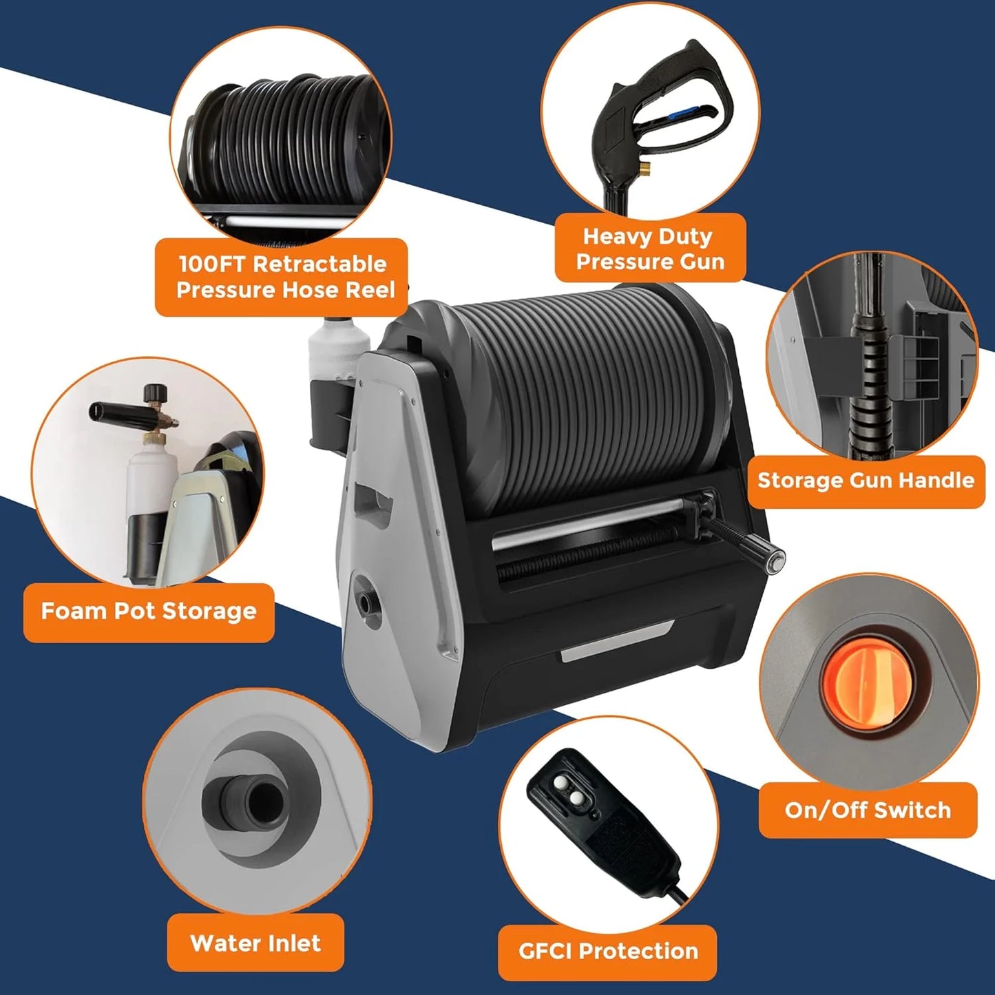Pressure Washer, Electric Wall Mounted Power Washer with 100FT Retractable Hose, Soap Tank and 4-Nozzle Set, Dark Silver