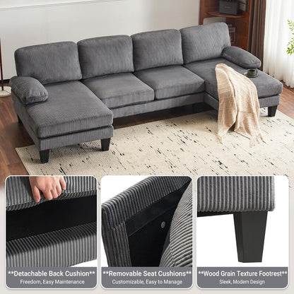 VINGLI 110" Sectional Couches for Living Room,U Shaped Couch with Double Chaise, 4-Seat Sofa Set with Chenille Fabric for Home Furniture,Beige