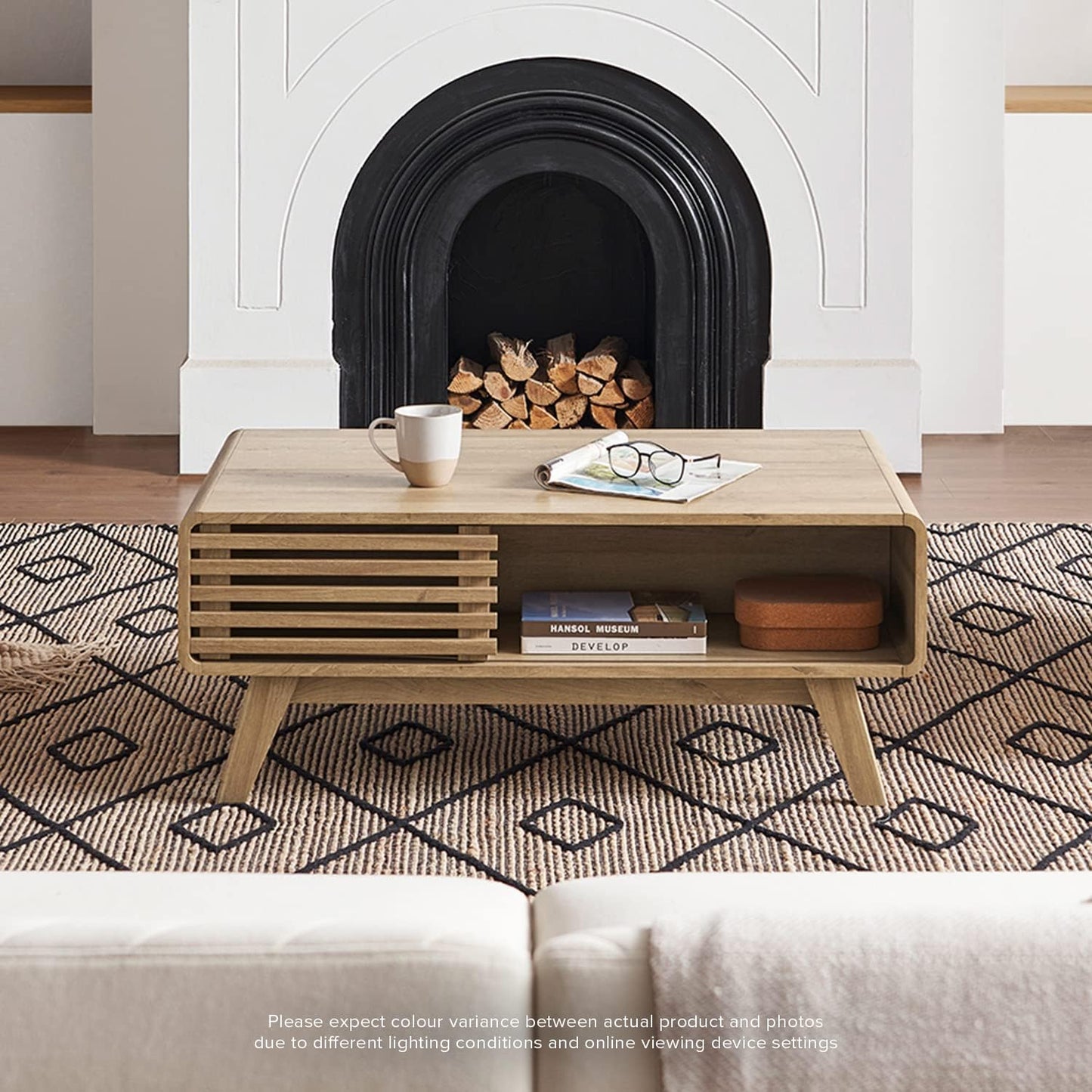 Mopio Ensley Mid Century Modern Rectangle Coffee Table with Dual Storage Shelf, Wood Slat Sliding Door, & Rounded Edge Protection for Living Room, Walnut Grain
