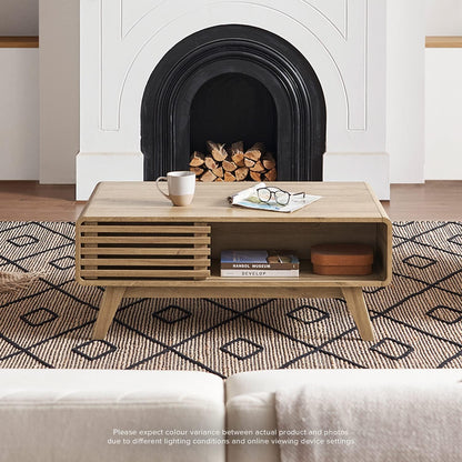 Mopio Ensley Mid Century Modern Rectangle Coffee Table with Dual Storage Shelf, Wood Slat Sliding Door, & Rounded Edge Protection for Living Room, Walnut Grain