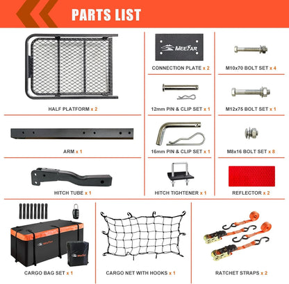 Folding hitch mounted cargo basket 60" With hook stabilizer, net and straps