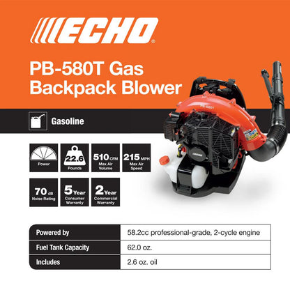 ECHO PB-580T 58.2cc Gas Backpack Leaf Blower, 216 MPH, 517 CFM, 2-Stroke Engine, Tube Throttle