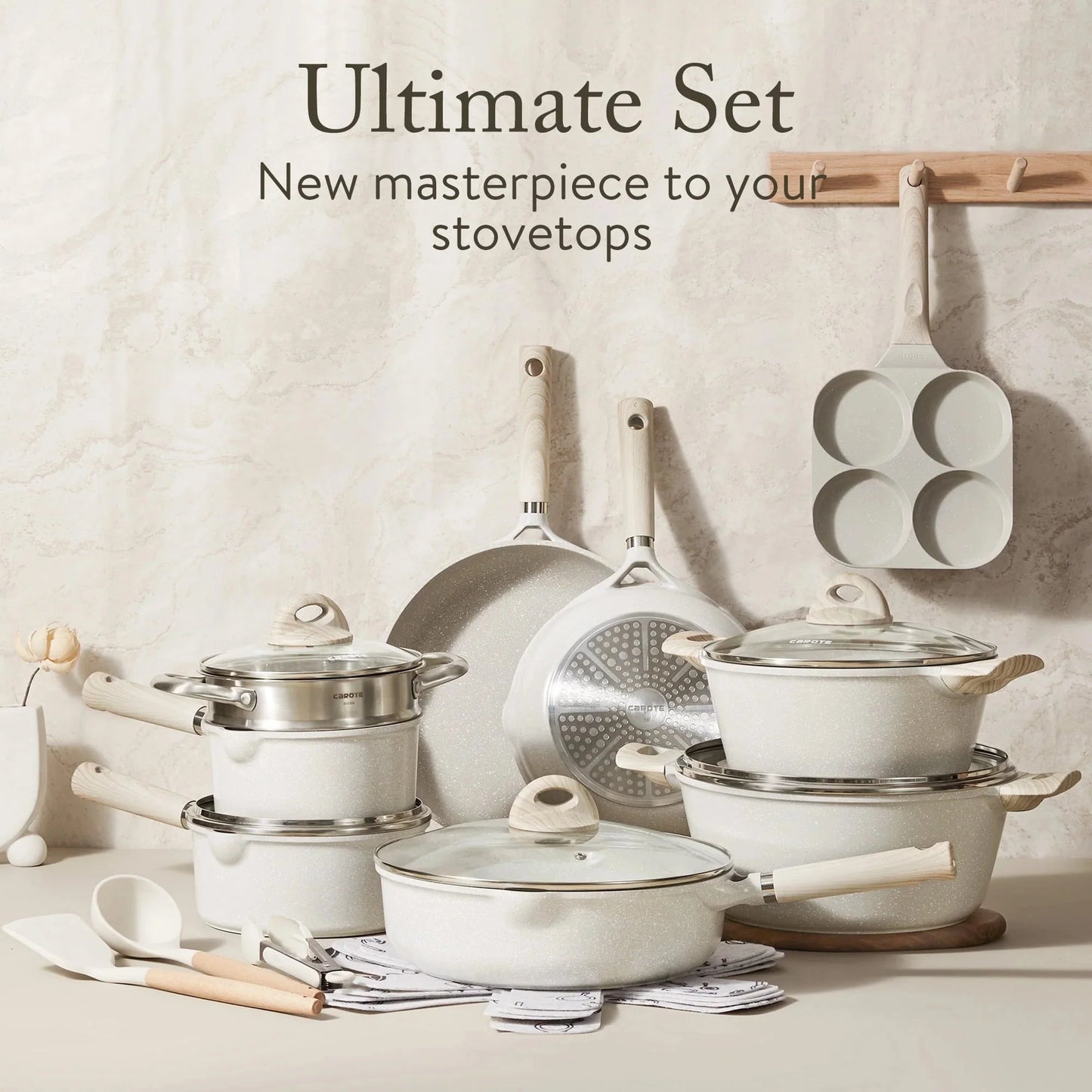 Carote 21-Piece Nonstick Cookware Set, Eco-Friendly Granite, Induction Compatible, Beige