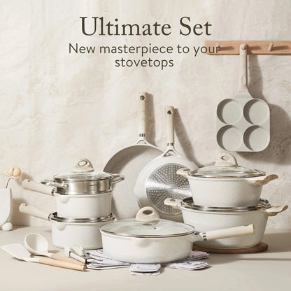 Carote 21-Piece Nonstick Cookware Set, Eco-Friendly Granite, Induction Compatible, Beige
