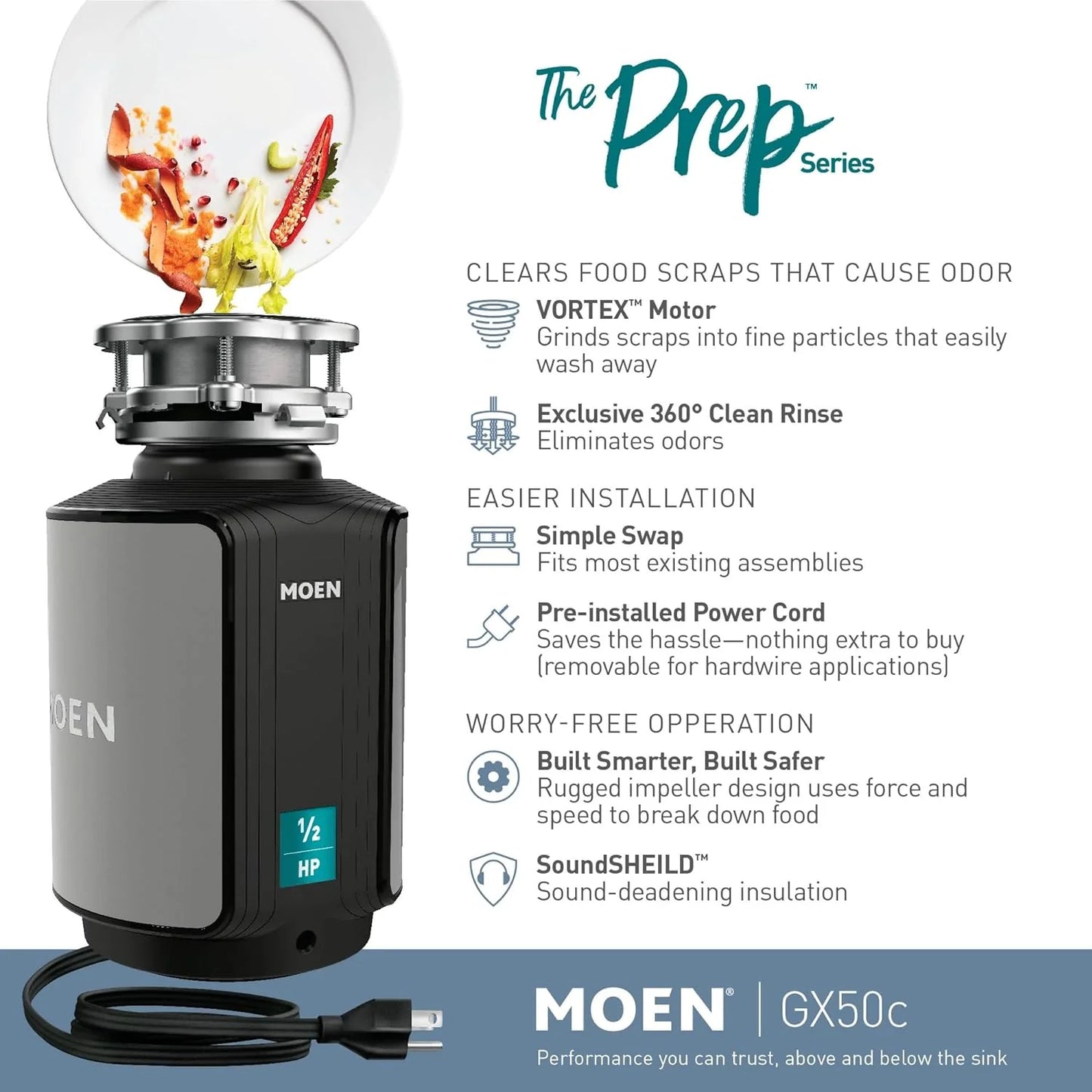 Disposer Prep Series 1/2 HP Continuous Feed Garbage Disposal with Sound Reduction, Power Cord Included