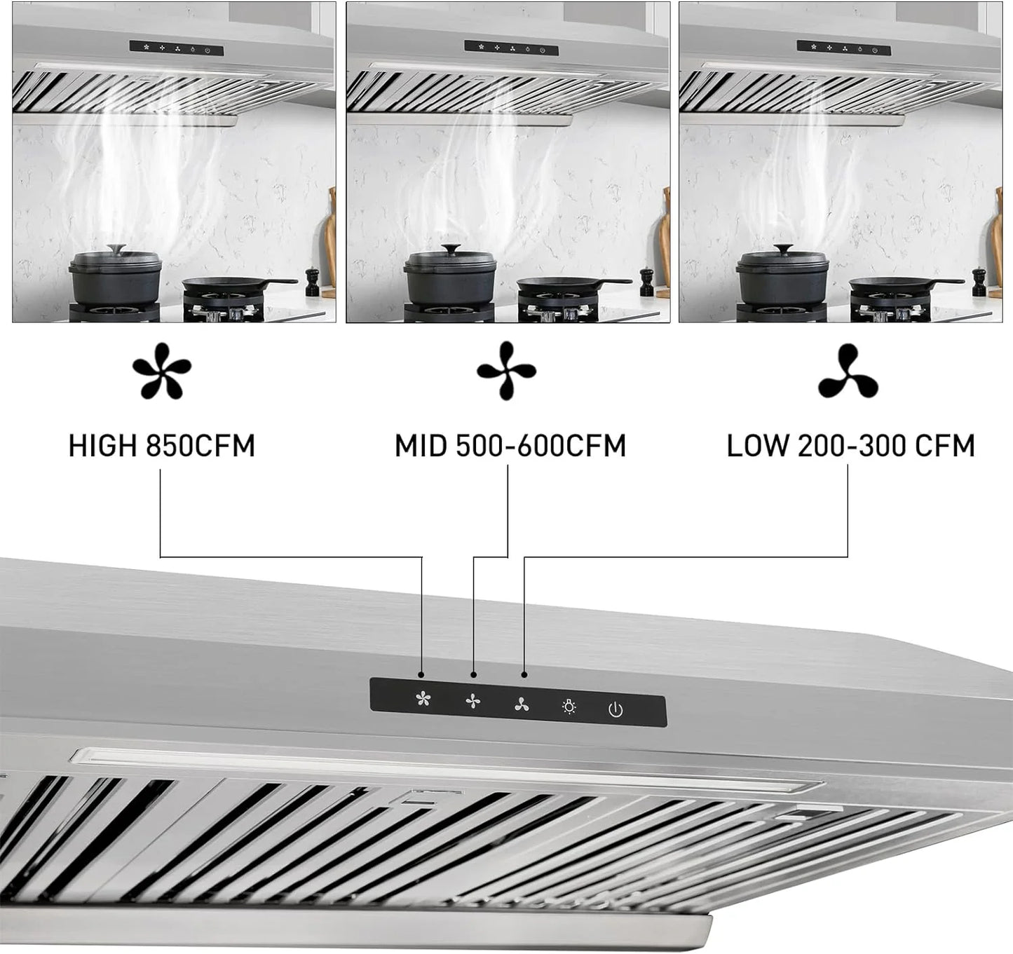 Powerful 30 Inch Under Cabinet Range Hood With Seamless Stainless Steel Body, Twin Turbo Motors, 3 Speed Touch Screen, Round Vent, Baffle Filters, LED Lights, Oil Collector