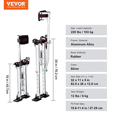 VEVOR Drywall Stilts, 18''-30'' Adjustable Aluminum Tool Stilts with Protective Knee Pads