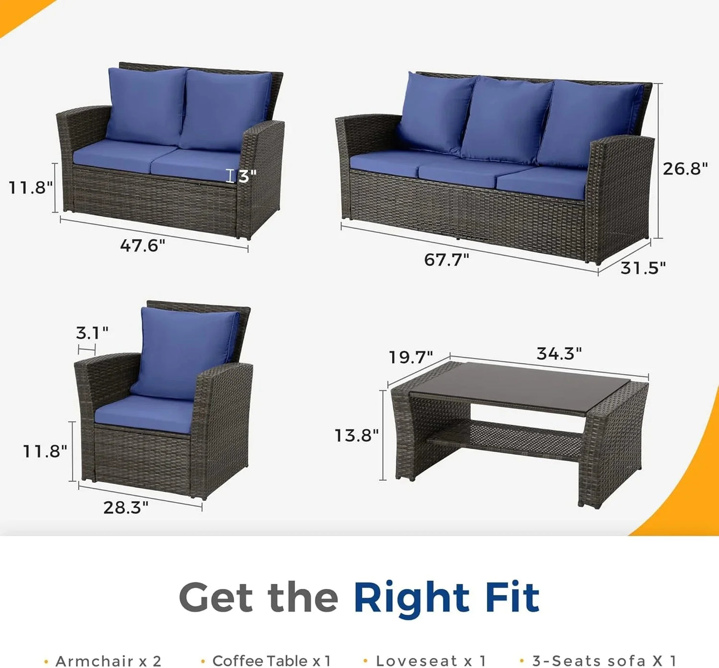 Wisteria Lane 4 Piece Outdoor Patio Furniture Sets, Wicker Conversation Set for Porch Deck, Grey Rattan Sofa Chair with Cushion Blue
