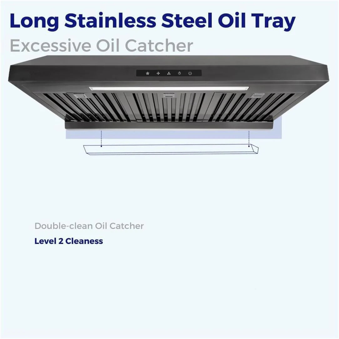 Powerful 30 Inch Under Cabinet Range Hood With Seamless Stainless Steel Body, Twin Turbo Motors, 3 Speed Touch Screen, Round Vent, Baffle Filters, LED Lights, Oil Collector