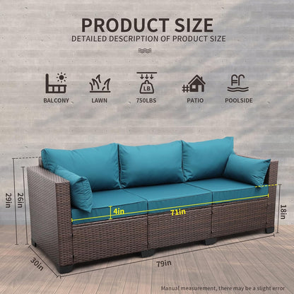 WAROOM Patio Couch PE Wicker 3-Seat Outdoor Brown Rattan Sofa Deep Seating Furniture with Non-Slip Beige Cushion