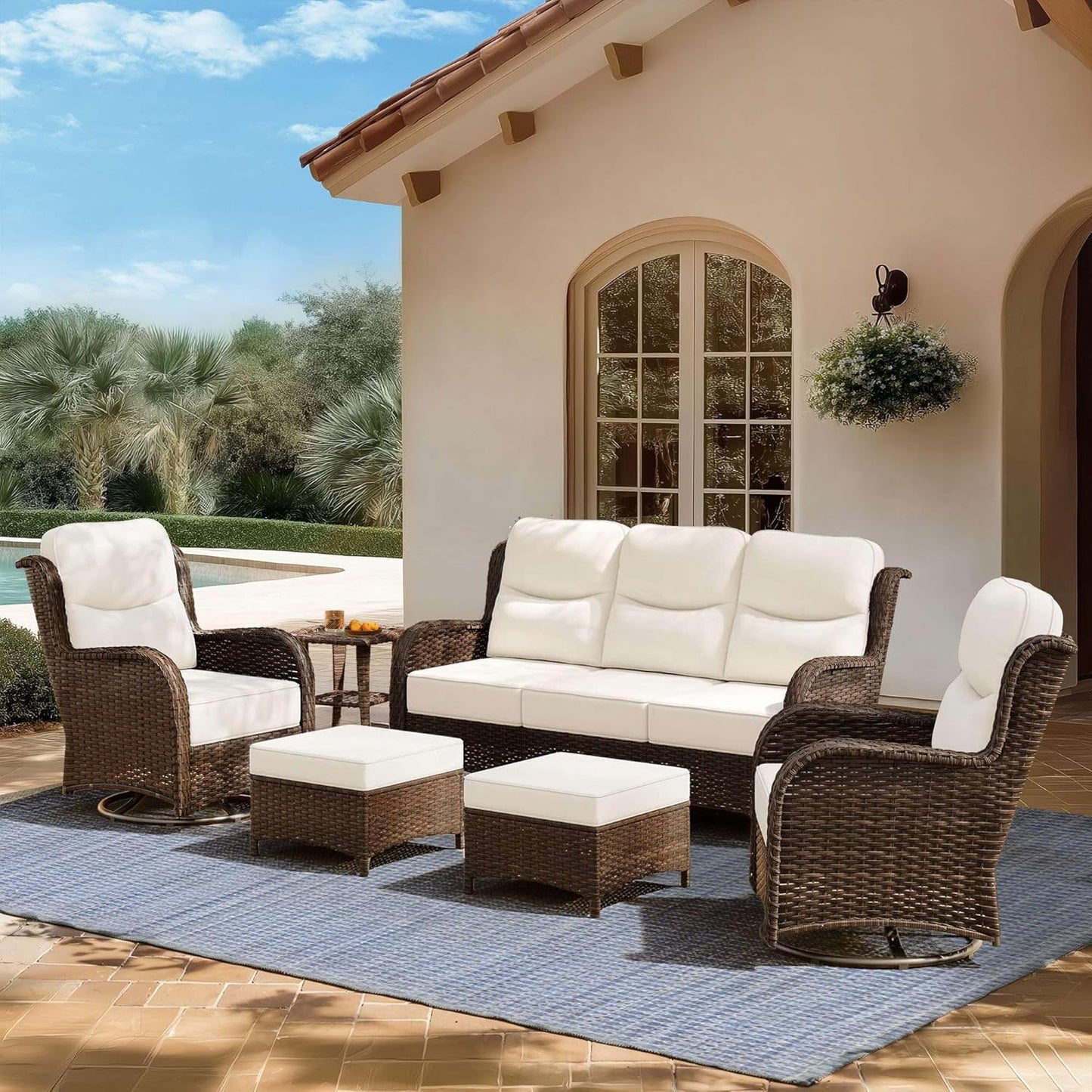 Outdoor Swivel Rocker Patio Chairs with 6-Inch Thick Cushions and Side Table, 3PCS High Back Wicker Patio Furniture Set for Porch, Balcony, Deck and Yard in Blue