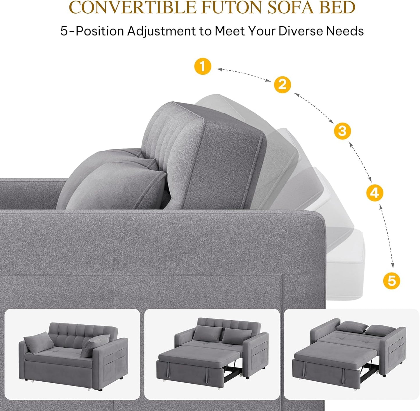DWVO 3-in-1 Convertible Sofa Bed, 55" Sleeper Sofa with Pull-Out Bed, Cat-Scratch-Proof Fabric Futon Couch with Adjustable Backrest and Side Pocket, Loveseat for Living Room Apartment, Grey