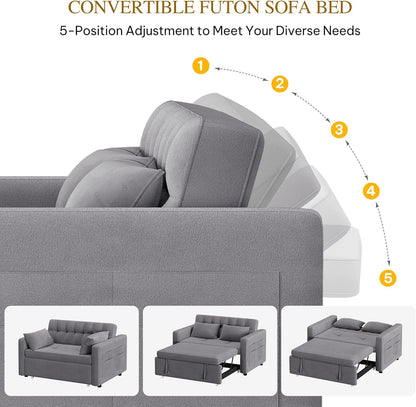 DWVO 3-in-1 Convertible Sofa Bed, 55" Sleeper Sofa with Pull-Out Bed, Cat-Scratch-Proof Fabric Futon Couch with Adjustable Backrest and Side Pocket, Loveseat for Living Room Apartment, Grey