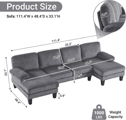 VINGLI 110" Sectional Couches for Living Room,U Shaped Couch with Double Chaise, 4-Seat Sofa Set with Chenille Fabric for Home Furniture,Beige