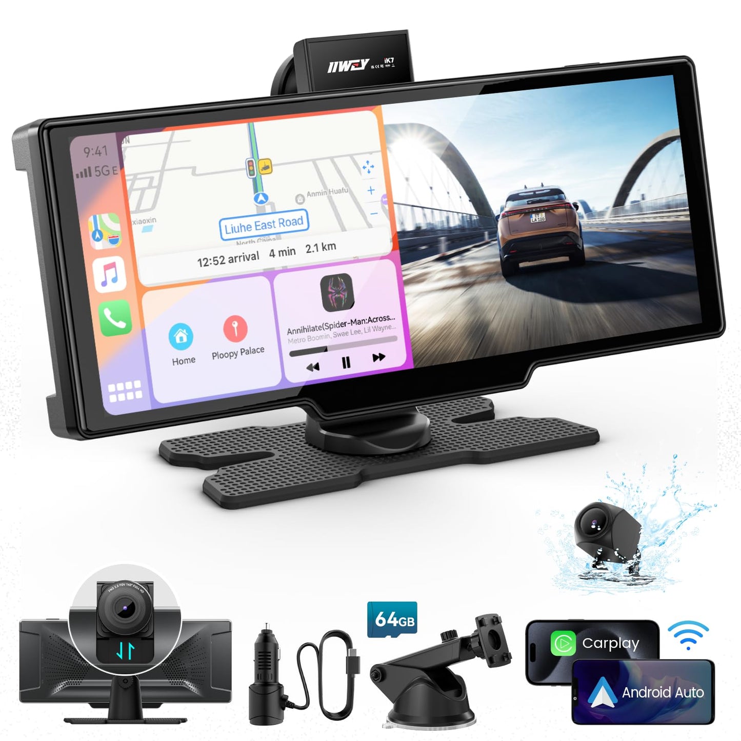 IIWEY Portable Apple Carplay Screen 10'' Car Stereo 4K Dash Cam