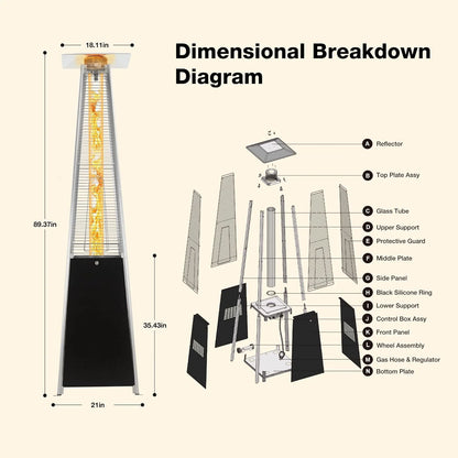 Pyramid Patio Propane Heater48,000 BTU Outdor Patio Flame Heater With Wheels,Waterproof Cover Quartz Glass Tube Propane Heater for Patio, Party, Backyard, Garden, Decoration(Bronze)