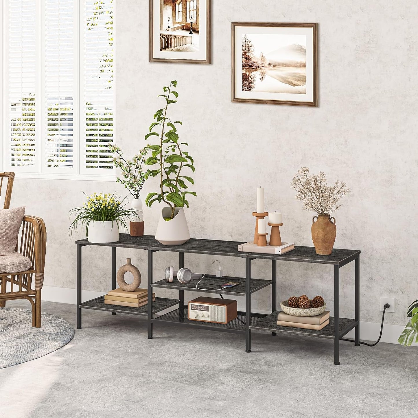 TV Stand with Power Outlets to 75 Inches, TV Console Table with Open Storage Shelves Cabinet, Industrial Media Entertainment Center for Living Room Bedroom, Rustic Brown and Black BF60DS01