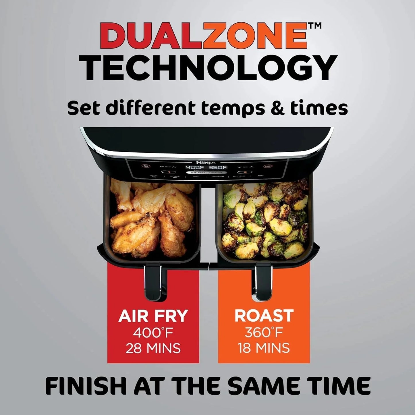 Ninja Foodi 10QT 6-in-1 DualZone Smart XL Air Fryer, 2 Independent 5QT Baskets, Smart Cook Thermometer, Match Cook, Smart Finish, Air Fry, Roast, Bake, Dehydrate, Reheat, Grey, DZ550