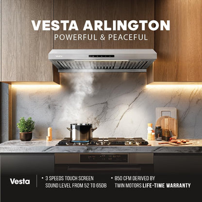 Powerful 30 Inch Under Cabinet Range Hood With Seamless Stainless Steel Body, Twin Turbo Motors, 3 Speed Touch Screen, Round Vent, Baffle Filters, LED Lights, Oil Collector