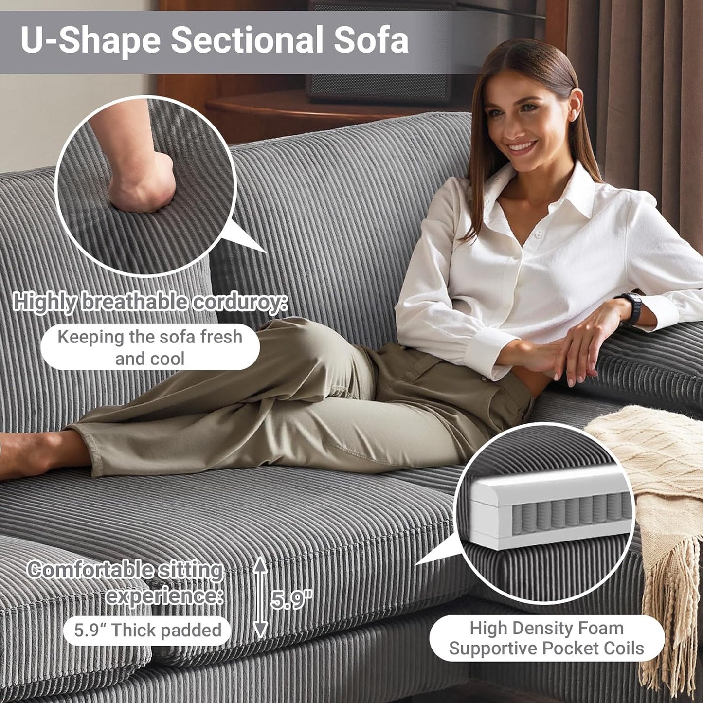 VINGLI 110" Sectional Couches for Living Room,U Shaped Couch with Double Chaise, 4-Seat Sofa Set with Chenille Fabric for Home Furniture,Beige