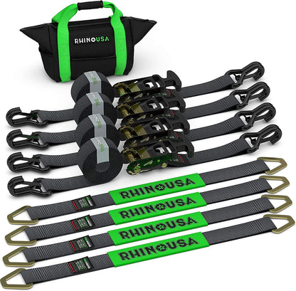 Car Tie Down Straps for Trailers with J Hooks (4-Pack) - 2 Inch x 8 Feet (10,000lb Break Strength) - Heavy Duty T-Handle Car Hauler Tire Straps for Trailer & UTV with Axle Straps - Black