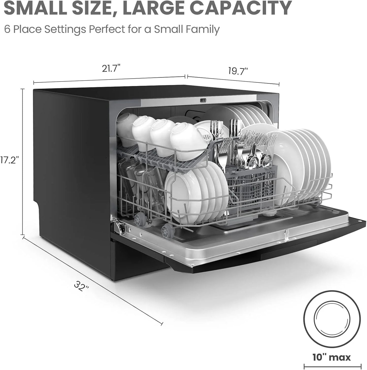 Countertop Dishwasher, Energy Star Portable Dishwasher, 6 Place Settings & 8 Washing Programs, Speed, Baby-Care, ECO& Glass, Dish Washer for Dorm, RV& Apartment, Black