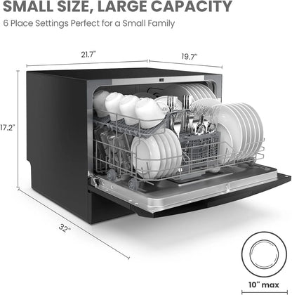 Countertop Dishwasher, Energy Star Portable Dishwasher, 6 Place Settings & 8 Washing Programs, Speed, Baby-Care, ECO& Glass, Dish Washer for Dorm, RV& Apartment, Black