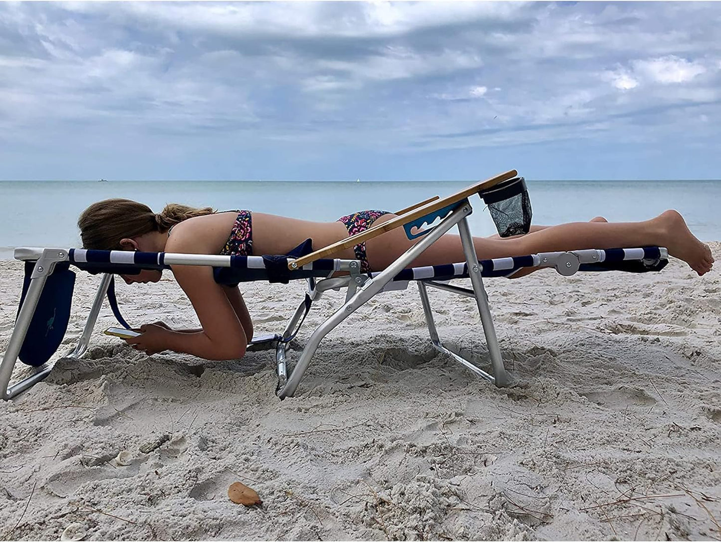 Deluxe 3 in 1 Beach Chair with Face Opening - Portable, Reclining Lounger for Tanning - Face Hole for Reading on Stomach - Padded Footrest, Removable Pillow - Aluminum