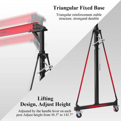 Garvee 1 Ton Adjustable Gantry Crane, 2200 lbs Capacity, Height Adjustable 96.5"-143.7", Portable Hoist for Factory, Construction, Warehouse, Auto Repair