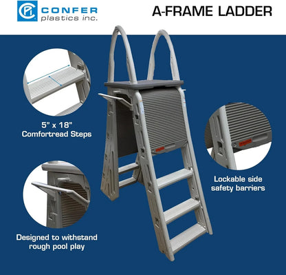 Confer Plastics 7200 Roll Guard 48" to 56" Adjustable A Frame Safety Ladder for Above Ground Outdoor Patio Swimming Pool Platform Ladder with Step Barrier, Warm Grey…