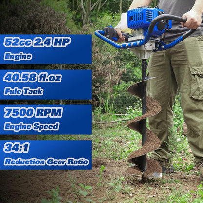 Post Hole Digger Gas Powered, 52cc 2.4 HP 2 Stroke Engine Earth Auger with 8" Drill Bit, EPA Compliant Post Hole Auger