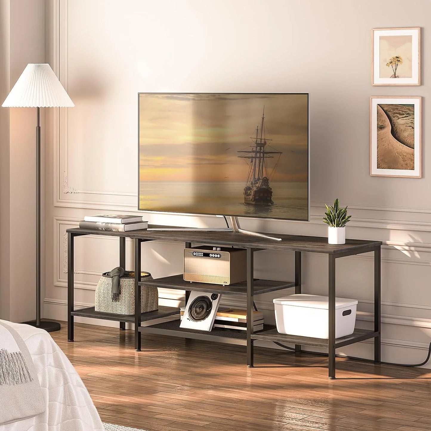 TV Stand with Power Outlets to 75 Inches, TV Console Table with Open Storage Shelves Cabinet, Industrial Media Entertainment Center for Living Room Bedroom, Rustic Brown and Black BF60DS01