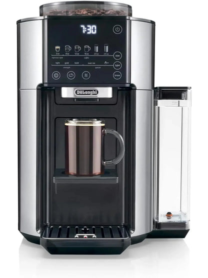 De'Longhi TrueBrew Drip Coffee Maker with Built-in Grinder, Programmable, 6 Brew Sizes, 5 Styles, Stainless Steel, Silver Black