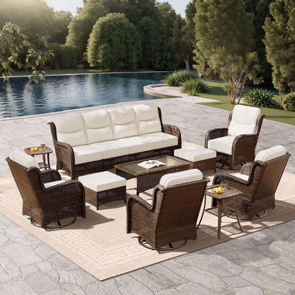 Outdoor Swivel Rocker Patio Chairs with 6-Inch Thick Cushions and Side Table, 3PCS High Back Wicker Patio Furniture Set for Porch, Balcony, Deck and Yard in Blue