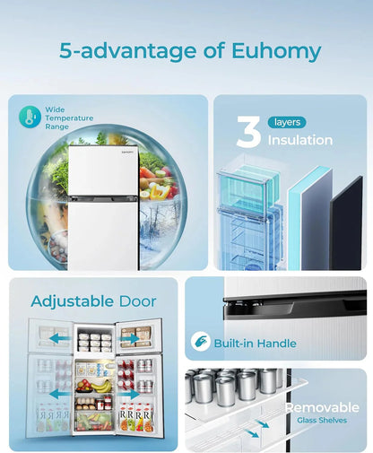 EUHOMY 3.2 Cu.Ft Mini Fridge with Freezer 2-Door Compact Refrigerator for Bedroom, Dorm, Office or Apartment, Silver