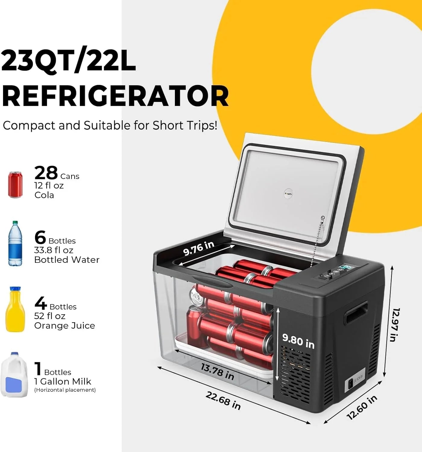 BougeRV 12 Volt Refrigerator 12V Car Fridge 23 Quart Portable Freezer Compressor Cooler 12/24V DC 110~240 Volt AC for Truck Van RV Camper SUV Travel Camping Road Trips Tailgating -7℉~50℉