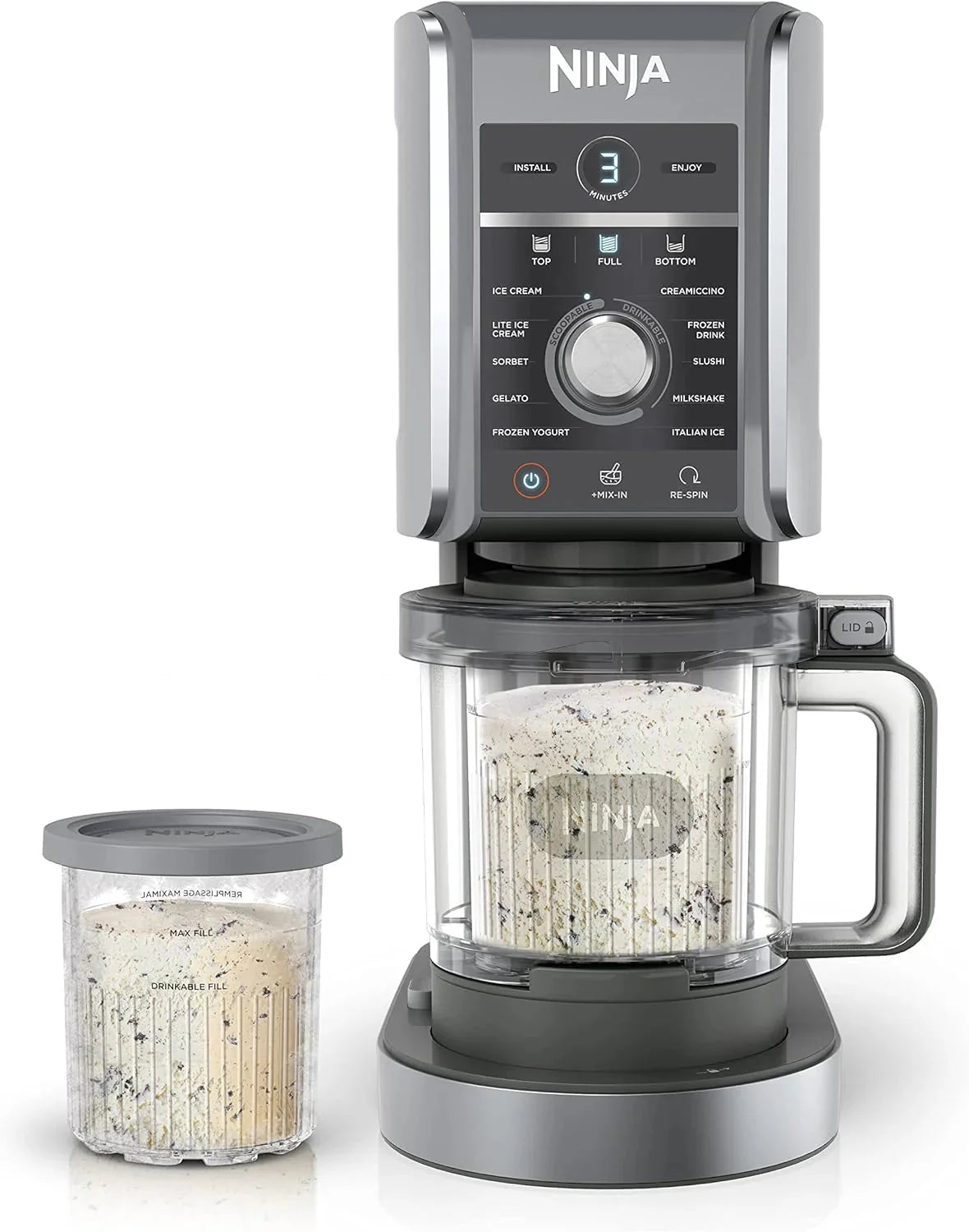 Ninja NC301 CREAMi Ice Cream Maker, for Gelato, Mix-ins, Milkshakes, Sorbet, Smoothie Bowls & More, 7 One-Touch Programs, with (2) Pint Containers & Lids, Compact Size, Perfect for Kids, Silver