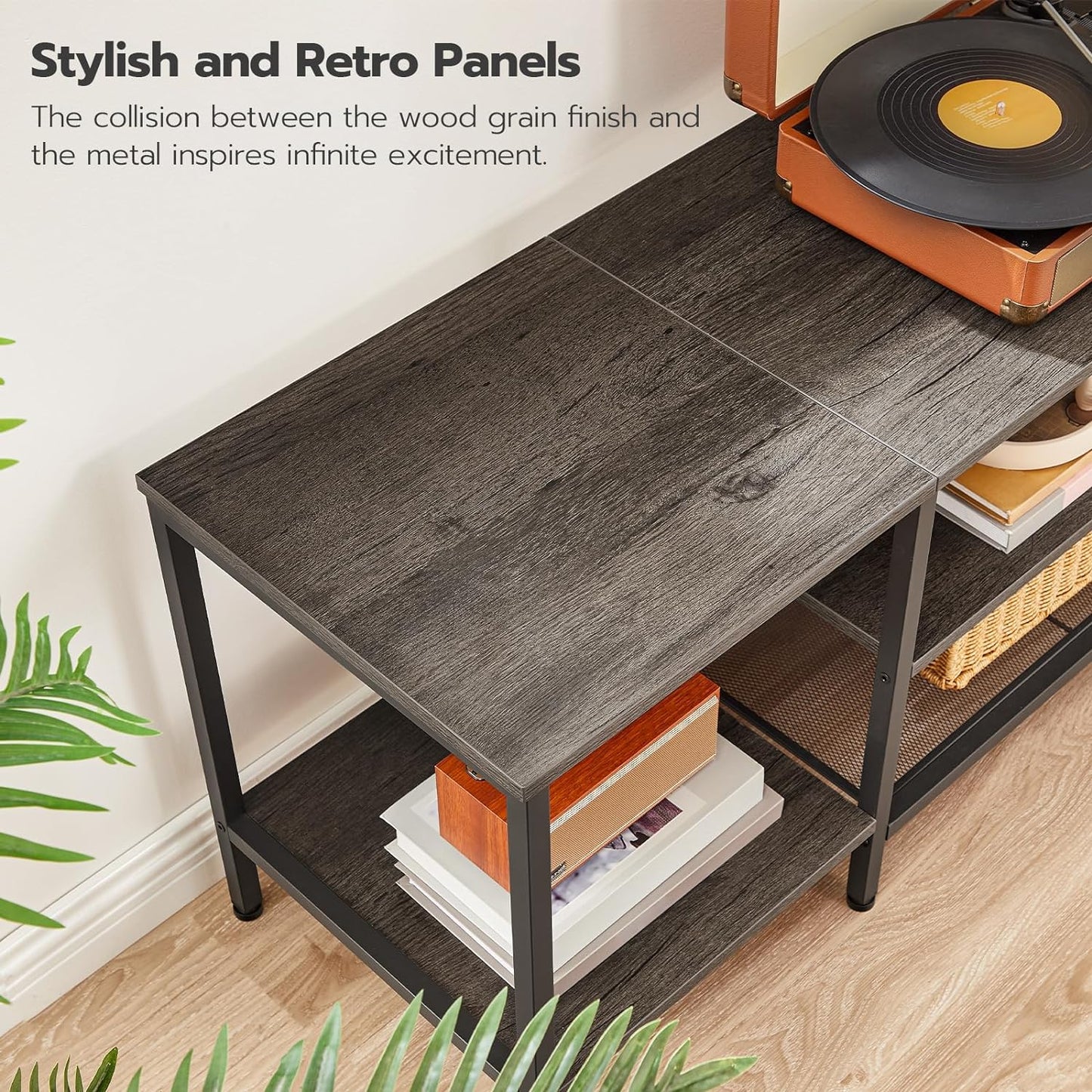 TV Stand with Power Outlets to 75 Inches, TV Console Table with Open Storage Shelves Cabinet, Industrial Media Entertainment Center for Living Room Bedroom, Rustic Brown and Black BF60DS01