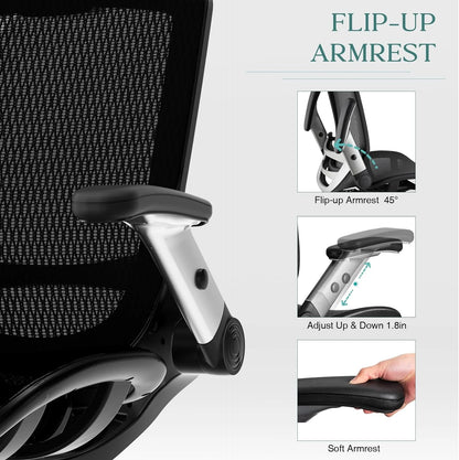 Ergonomic Mesh Office Chair, High Back Desk Chair - Adjustable Headrest with Flip Arm, Tilt Function, Lumbar Support and PU Wheels, Swivel Computer Work Chair