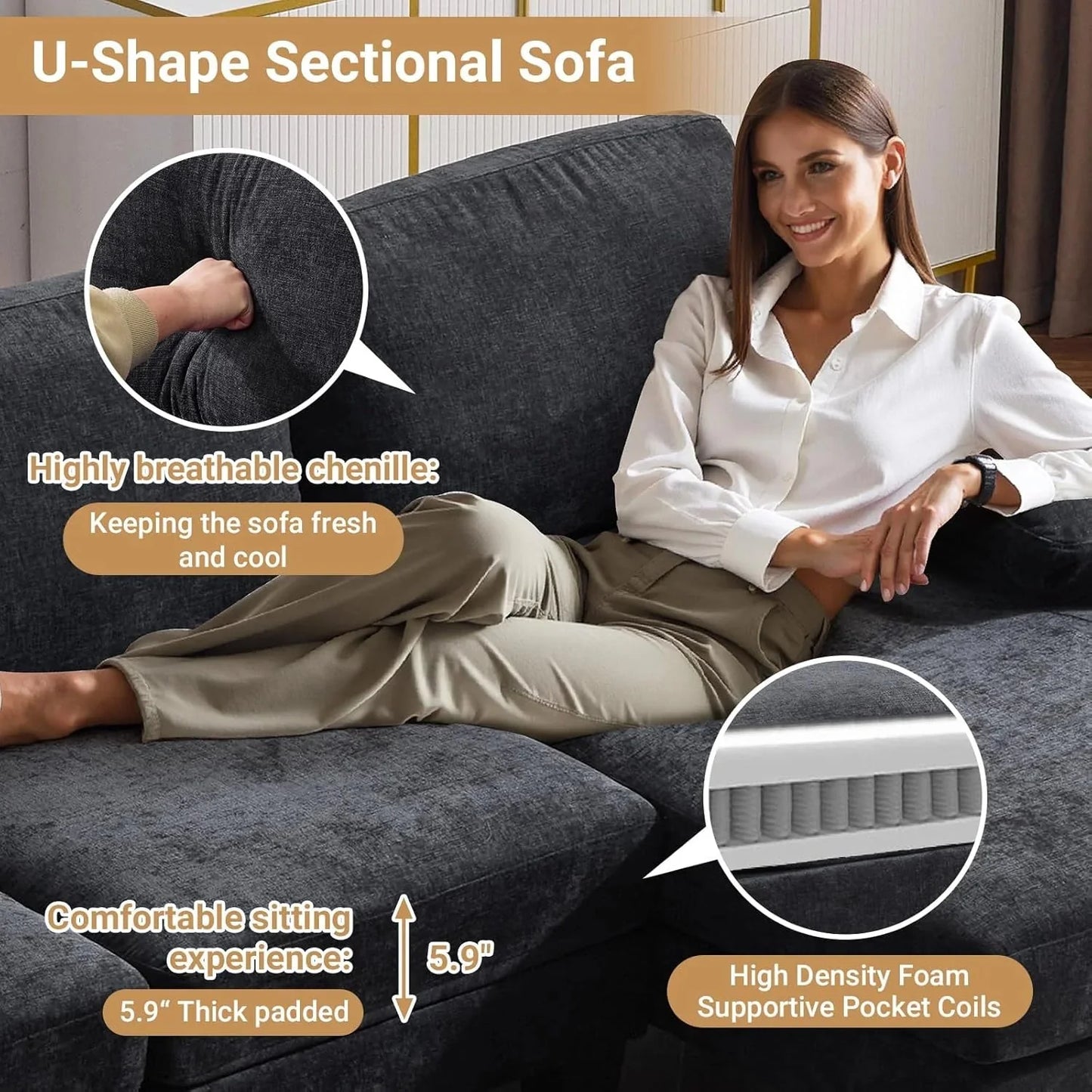 VINGLI 110" Sectional Couches for Living Room,U Shaped Couch with Double Chaise, 4-Seat Sofa Set with Chenille Fabric for Home Furniture,Beige