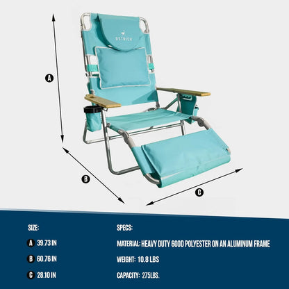 Deluxe 3 in 1 Beach Chair with Face Opening - Portable, Reclining Lounger for Tanning - Face Hole for Reading on Stomach - Padded Footrest, Removable Pillow - Aluminum