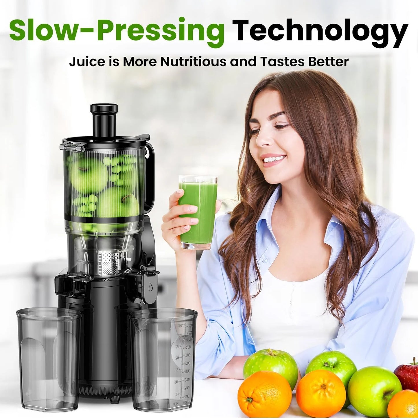 Cold Press Juicer, Slow Masticating Machines with 5.3" Extra Large Feed Chute Fit Whole Fruits & Vegetables Easy Clean Self Feeding Effortless for Batch Juicing, High Juice Yield, BPA Free 250W