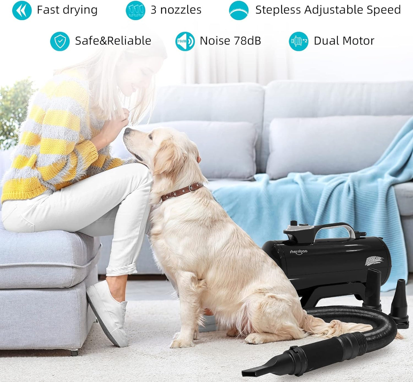 Dog Dryer High Velocity Professional Dog Pet Grooming Hair Drying Force Dryer Blower 6.0HP (DHD-2400T) (6.0HP, Jet Black)