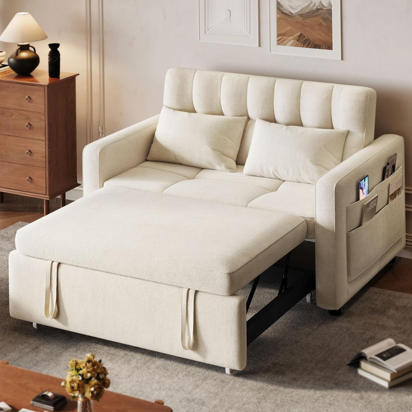DWVO 3-in-1 Convertible Sofa Bed, 55" Sleeper Sofa with Pull-Out Bed, Cat-Scratch-Proof Fabric Futon Couch with Adjustable Backrest and Side Pocket, Loveseat for Living Room Apartment, Grey