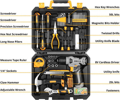 DEKOPRO Tool SetTool Kit with 8V Cordless Drill,Tool Box with Drill,Hand Drill Set for Men & Women,Home Tool Kits for House Repair,Handyman,DIY 126 Piece