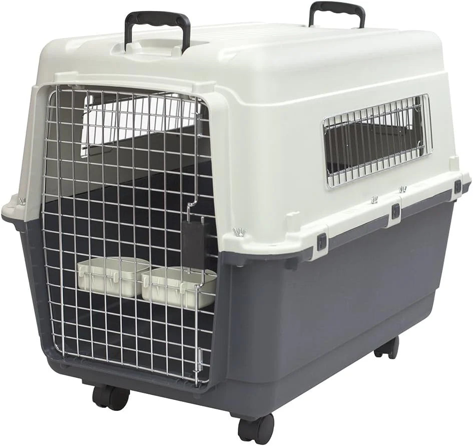 Designs Plastic Kennels Rolling Plastic Airline Approved Wire Door Travel Dog Crate, XXX-Large, Gray